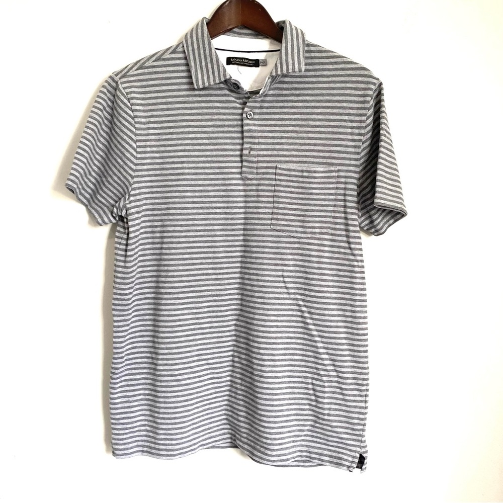 BANANA REPUBLIC Mens Medium Gray Striped Short Sleeve Performance Pique Polo i5